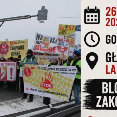 Głogoczów: protest i blokada zakopianki przeciw przebiegowi S7 Kraków–Myślenice