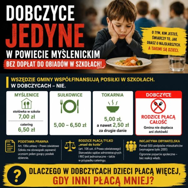 Dobczyce wciąż bez dopłat do szkolnych obiadów. Rodzice pytają: dlaczego tylko u nas?